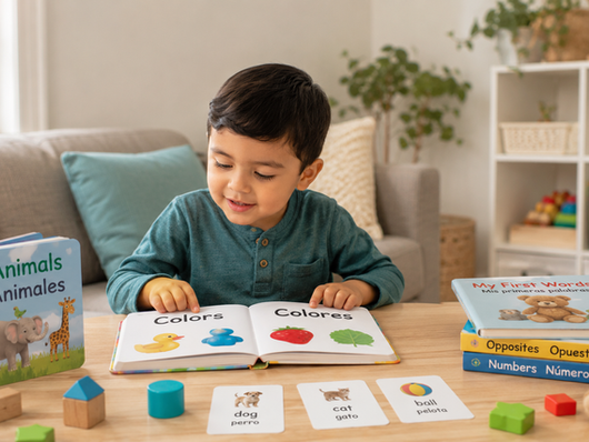 Bilingual child looking at English and Spanish books during language-building play
