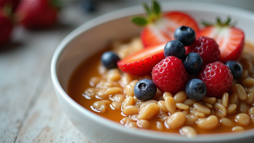 Close-up view of a bowl of warm spiced oatmeal topped with fresh fruits