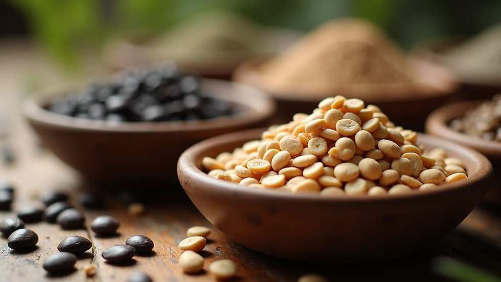 Close-up view of a variety of seeds in small bowls