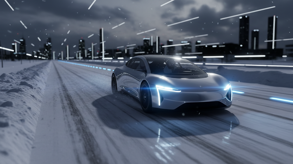 Close-up view of a snowy road in Vaughan with a car driving carefully