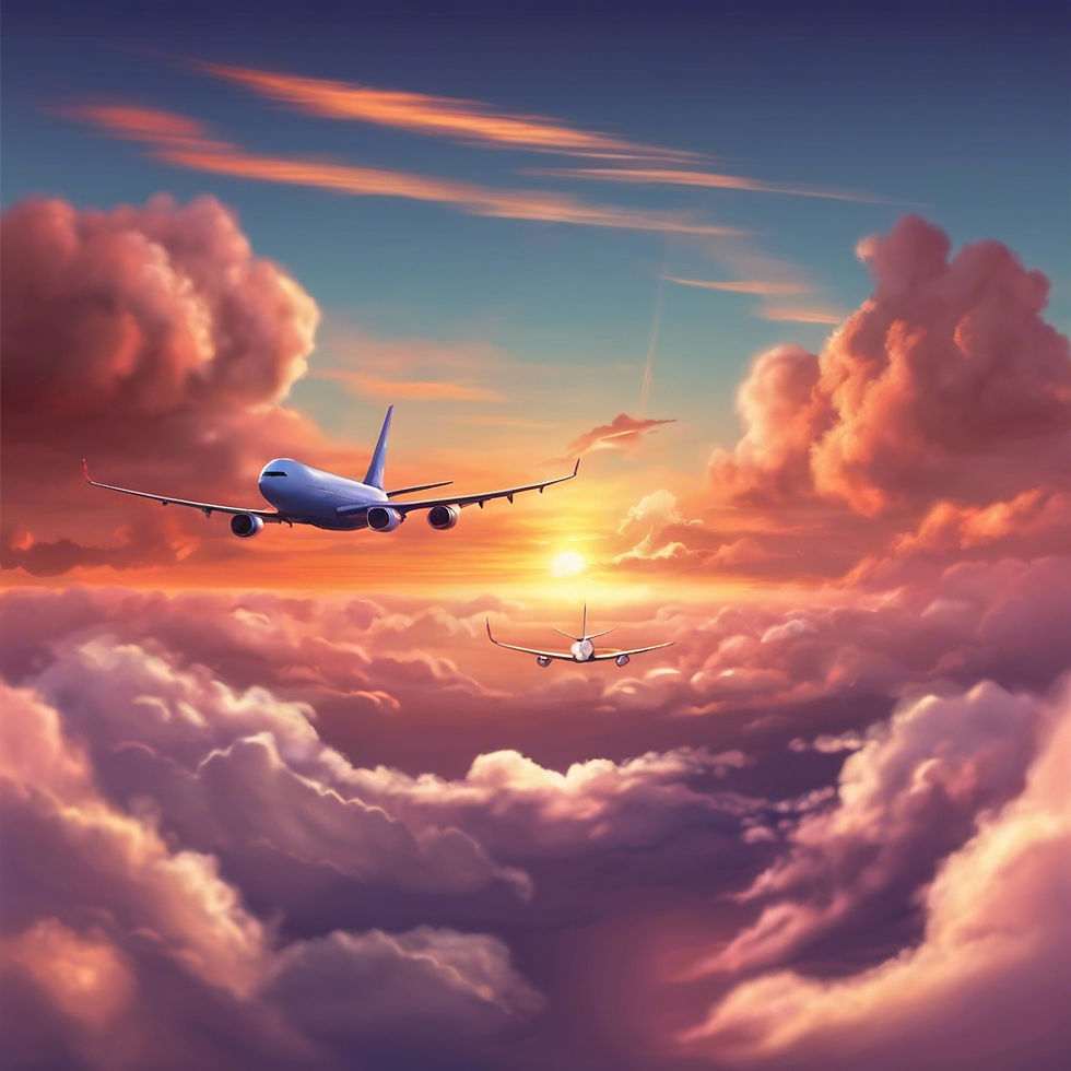 Sunset sky with clouds and airplanes, realistic.jpg