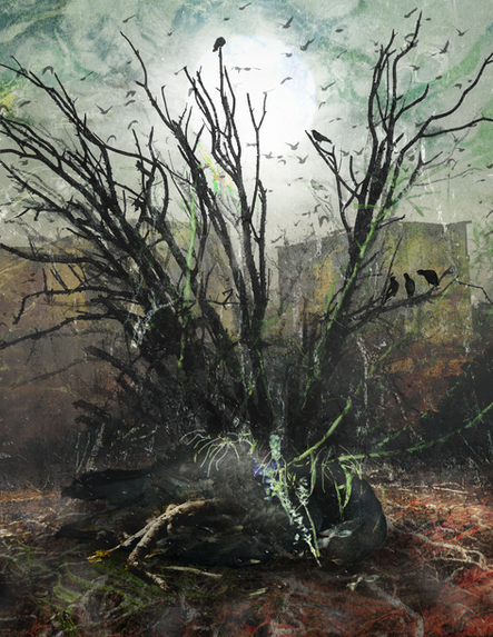 A bird with a tree planted in its back in a haunting landscape