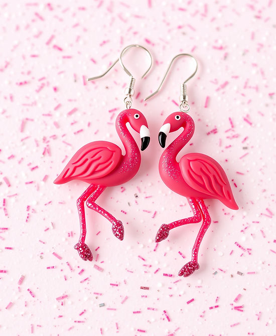 glittery polymer clay earrings in flamingo style with glitter around them.jpg