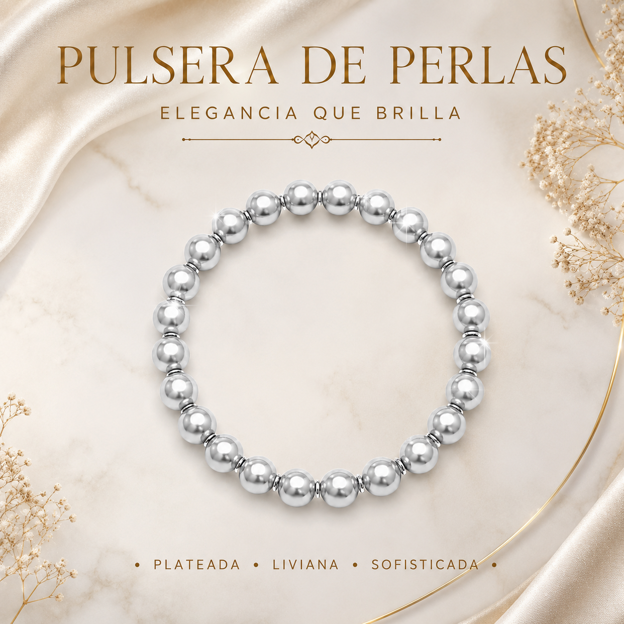 Pulsera de perlas plateadas-8016