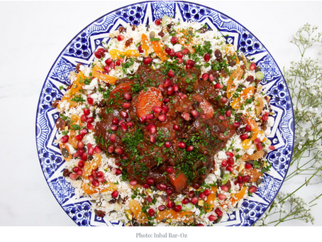 Beef, carrot and prune tagine with jewelled cauliflower couscous