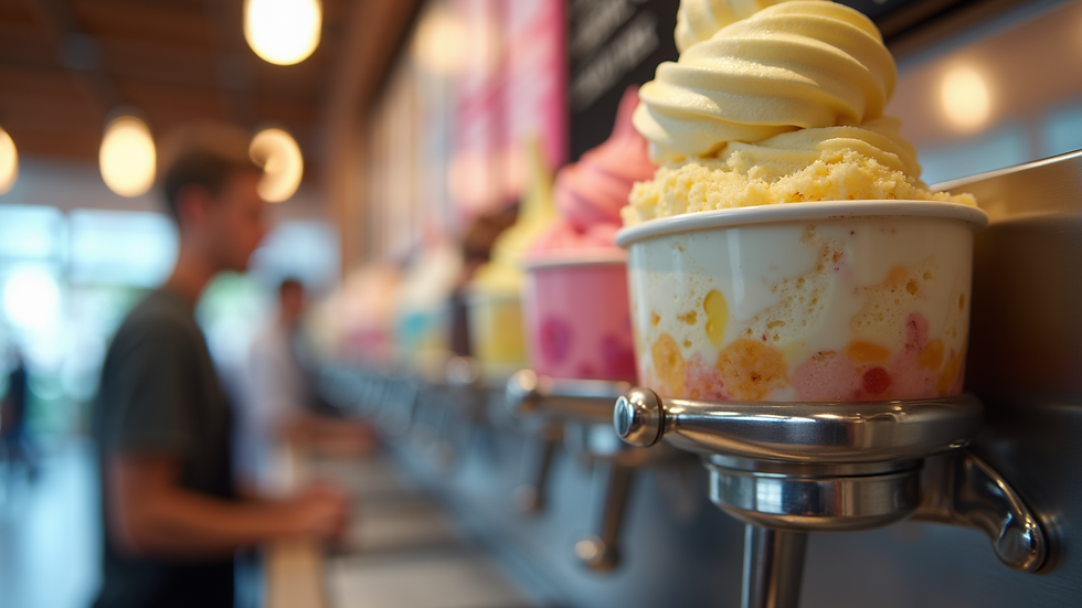 Eye-level view of a self-serve soft serve machine with multiple flavor options