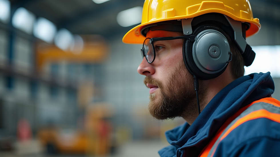 Close-up view of a worker using a wearable safety device