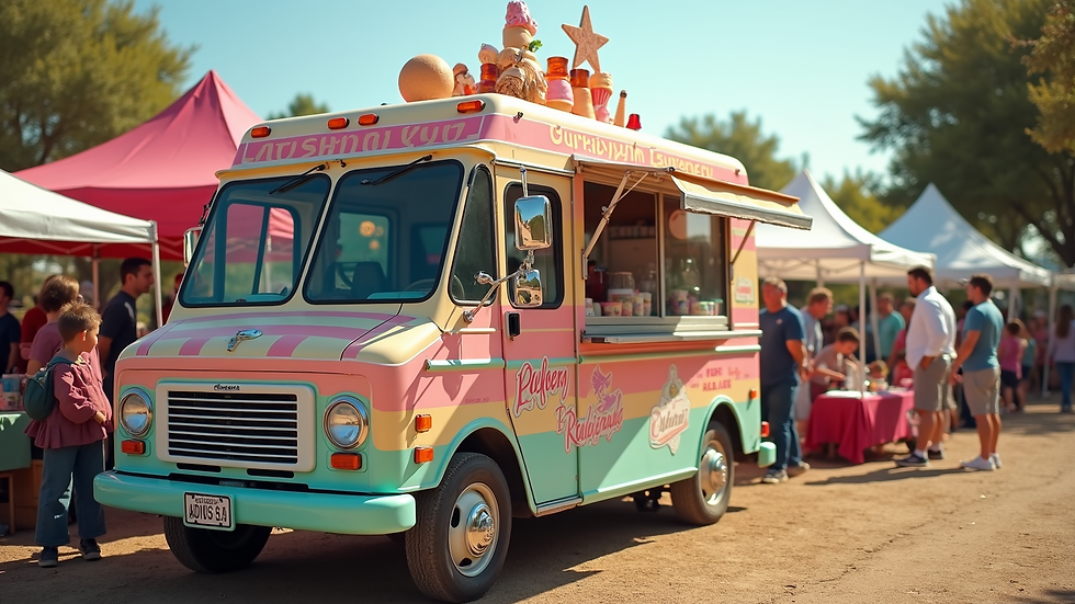 High angle view of a colorful ice cream truck parked at an outdoor event