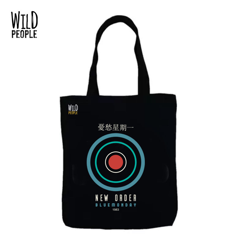 Ecobag preta com logomarca New Order Azul e vermelha