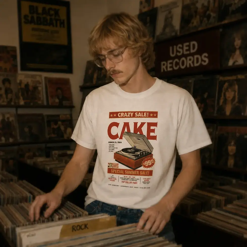 Thumbnail: Rapaz vestindo camiseta branca com estampa da banda Cake e olhando discos de vinil em loja