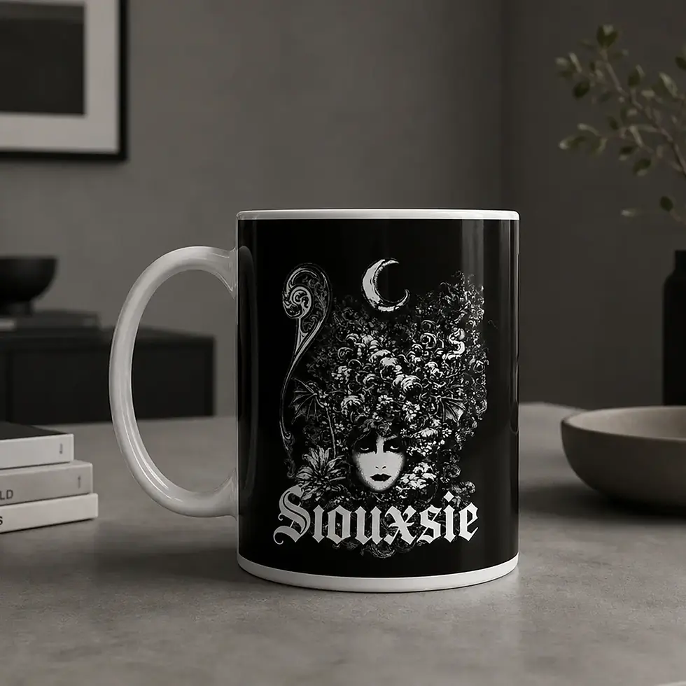 Caneca branca com estampa da banda Siouxsie and the Banshees em estilo post-punk, arte exclusiva apoiada na mesa