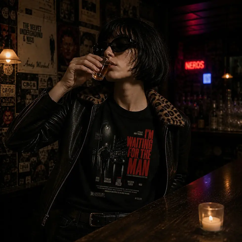 Garota de jaqueta aberta mostrando a camiseta preta com a estampa de Velvet Underground -I'm Waiting for the Man Movie