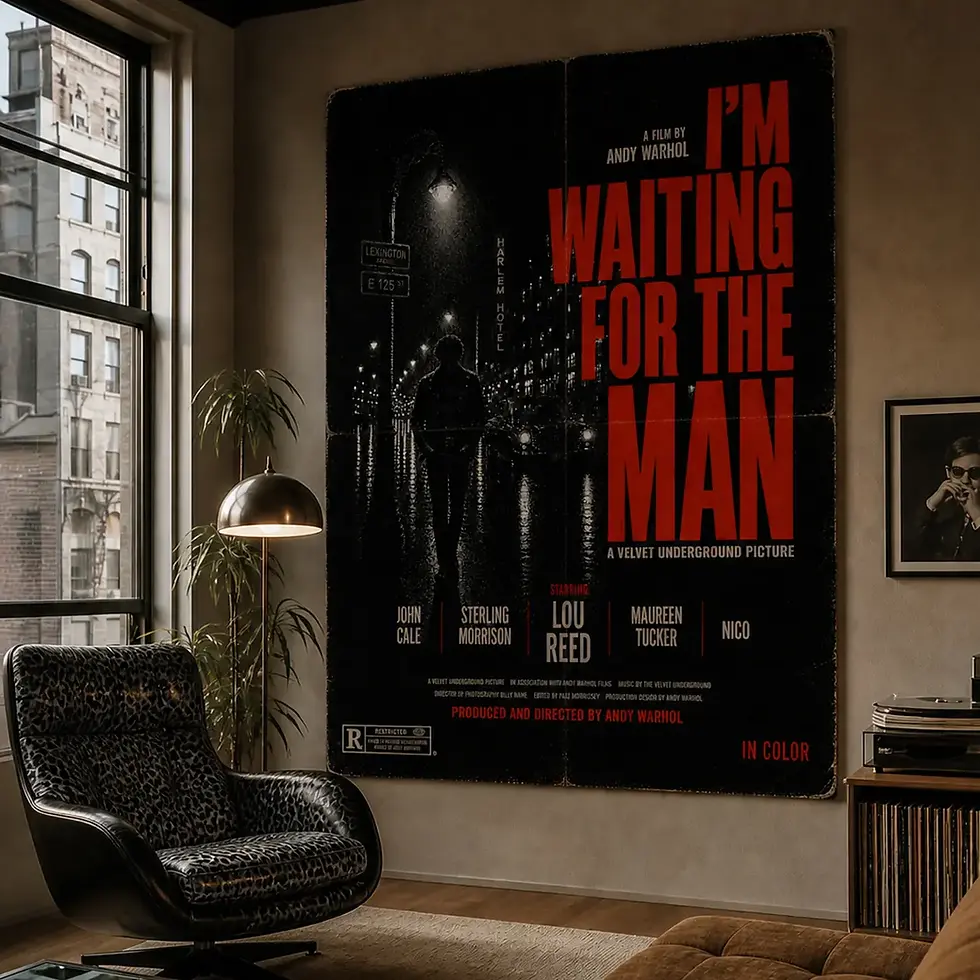 Cartaz impresso pendurado sem moldura na parede perto da janela Velvet Underground -I'm Waiting for the Man Movie