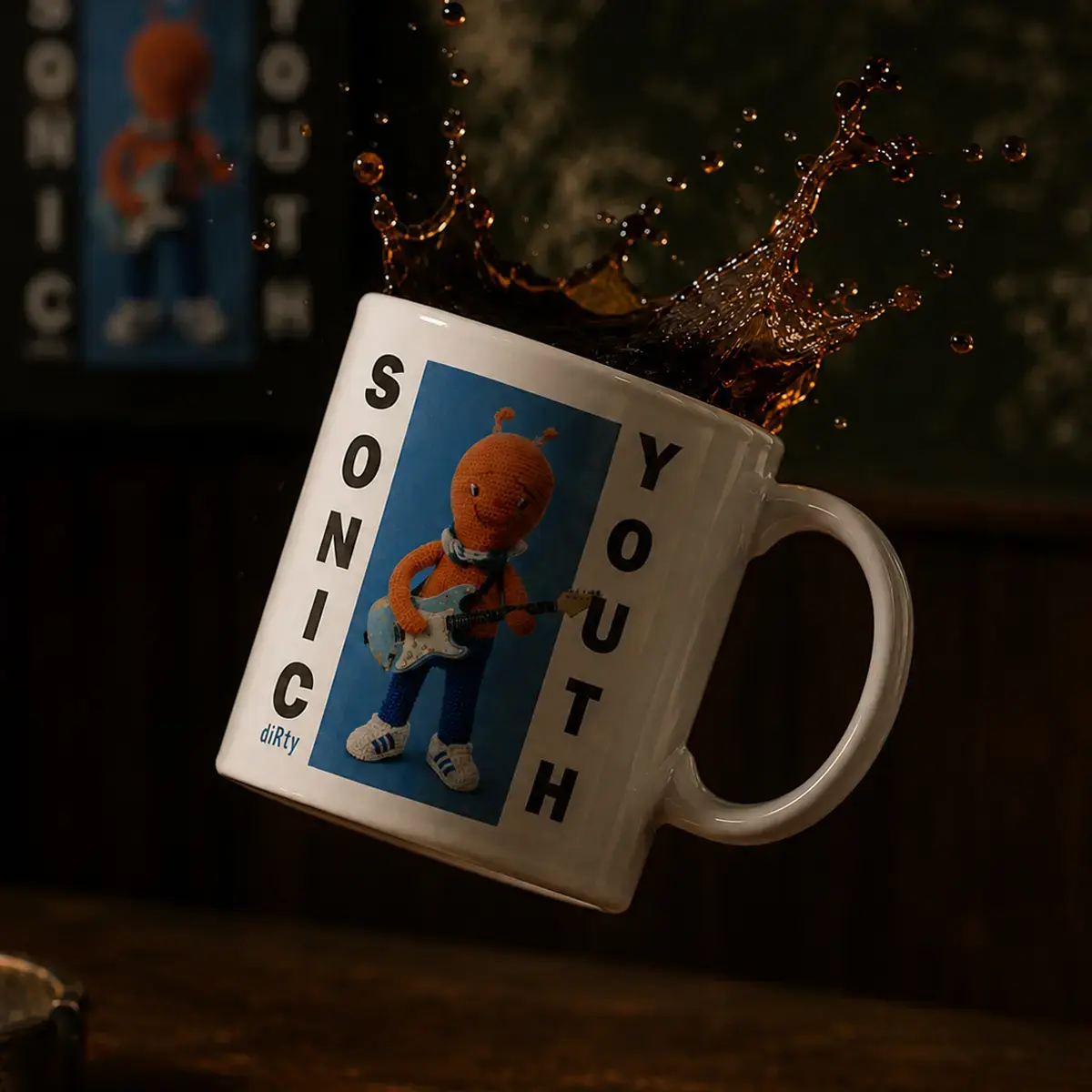 Caneca branca com café e estampa da banda Sonic Youth