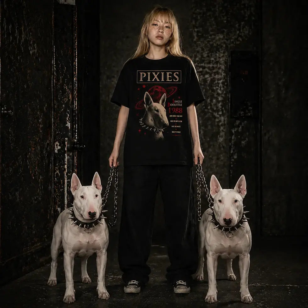 Thumbnail: menina loira com camiseta Pixies single Doolittle junto com doi cães bull terrier