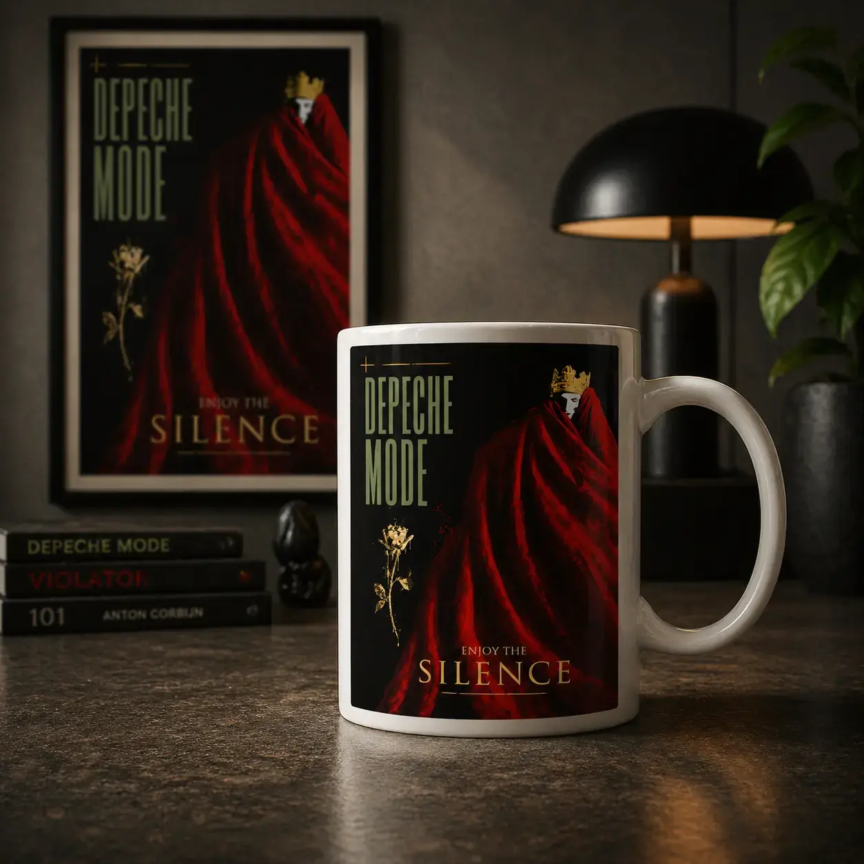 Caneca Depeche Mode Enjoy the Silence com estampa artística exclusiva Wild People em fundo preto e vermelho.