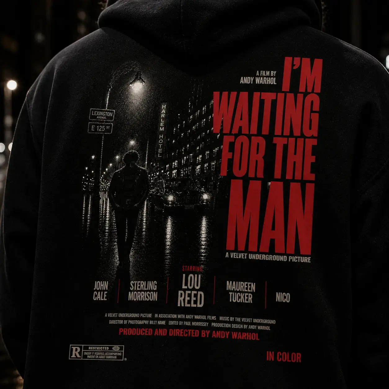 Moletom com capuz estampado nas costas com arte inspirada na musica Velvet Underground -I'm Waiting for the Man Movie
