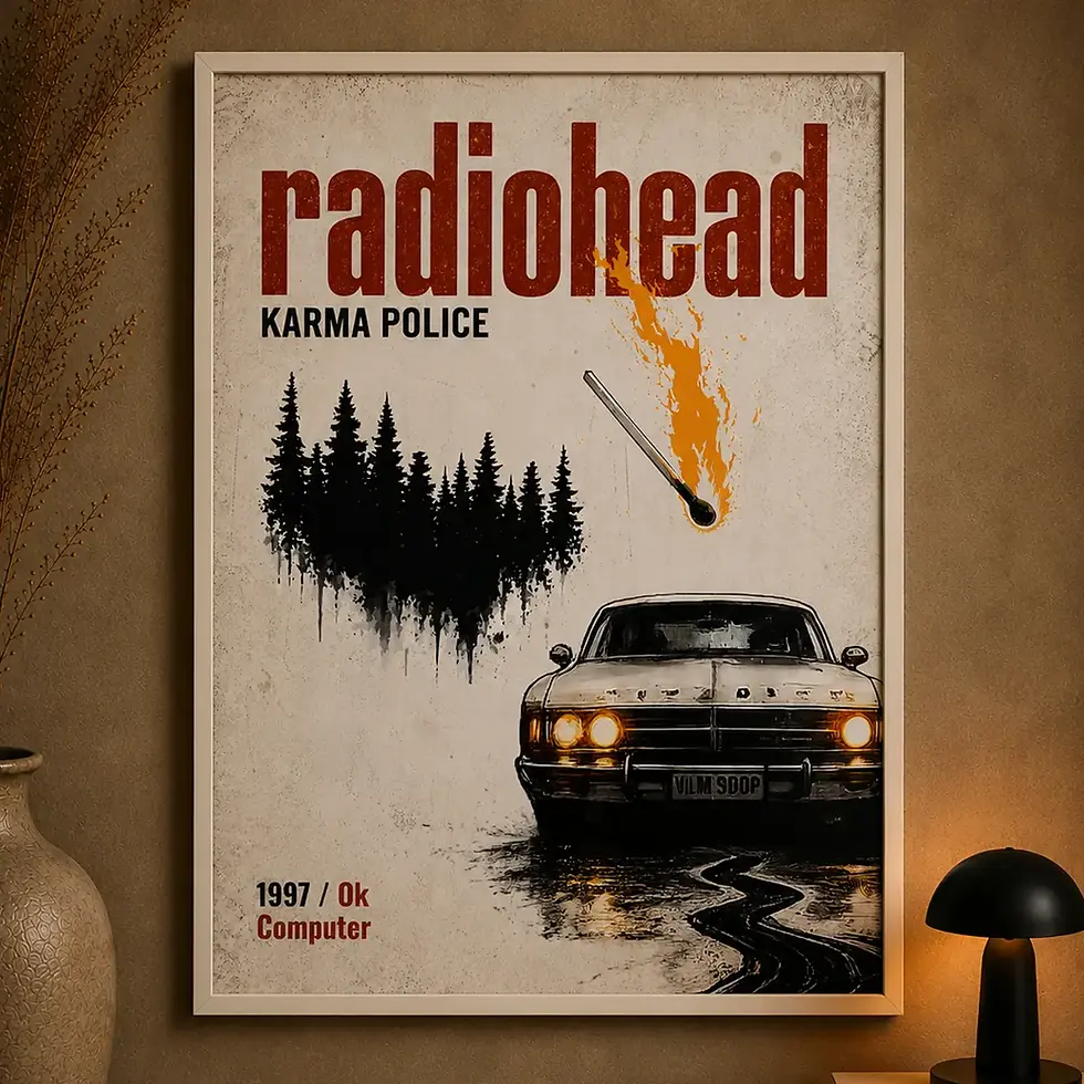 Quadro branco da banda Radiohead Karma Police com foto de carro e fósforo aceso sobre parede de cimento na sala