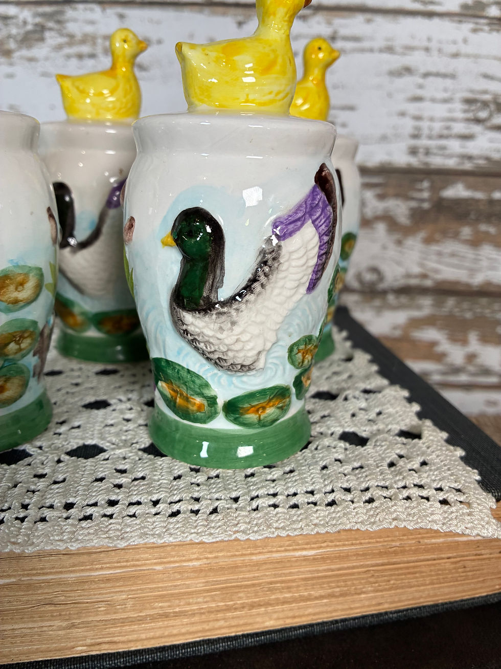 Thumbnail: Vintage Duck Spice Shaker Set with Wooden Display Rack – Cottagecore Kitchen
