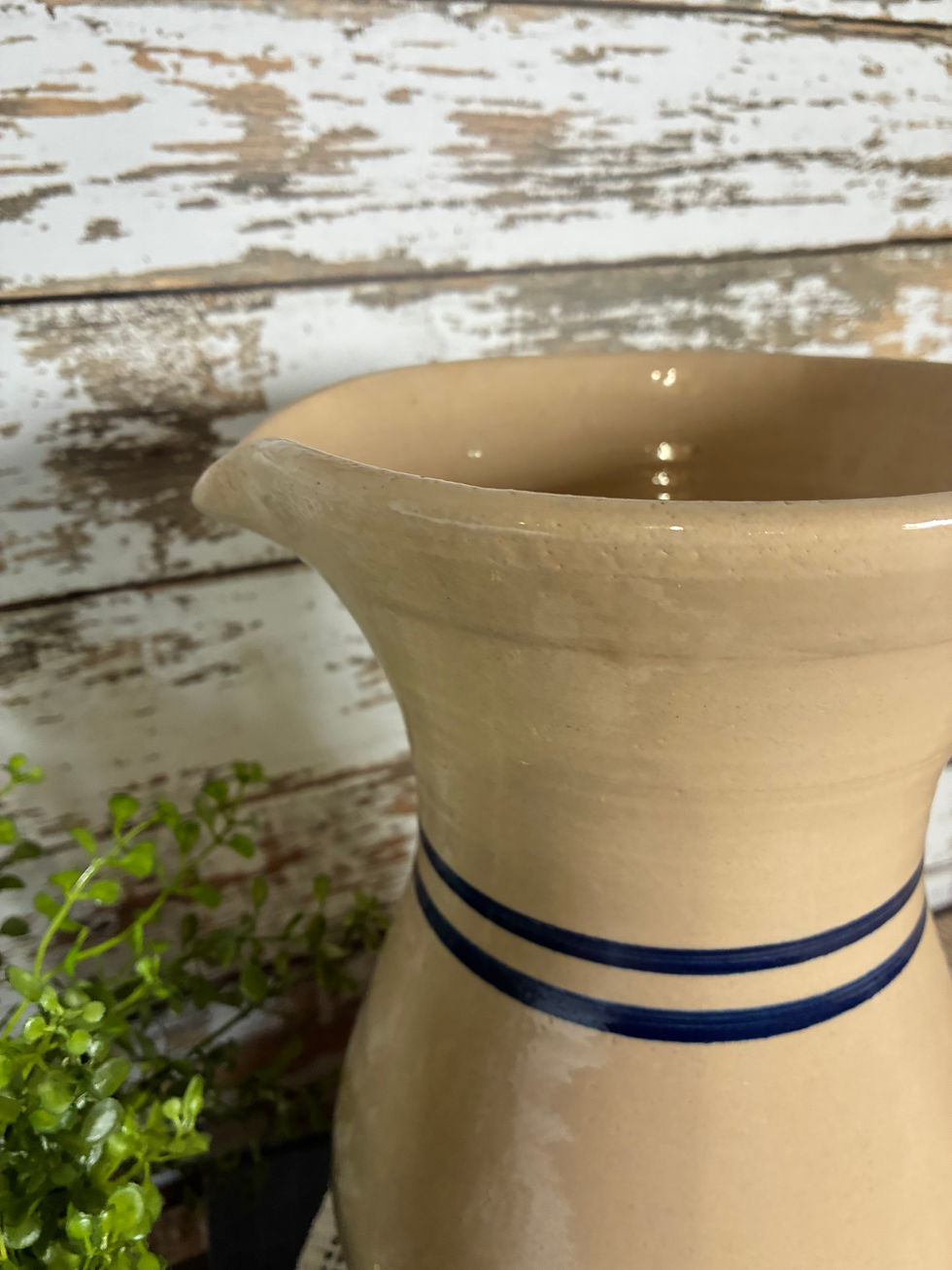 Thumbnail: Vintage Stoneware Pitcher Cream Pottery w/ Cobalt Blue Double Stripe –Farmhouse