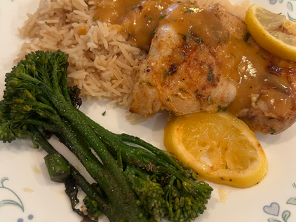 Adobo Lemon Chicken Thighs with Broccolini and Bone Broth Rice