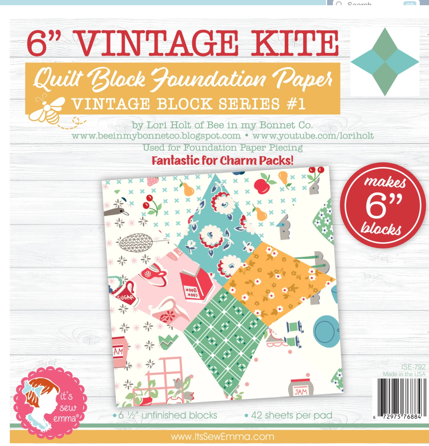 6in Vintage Kite Quilt Block Foundation Paper