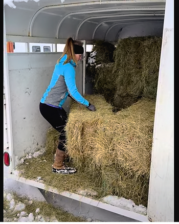 Horse girl moving hay