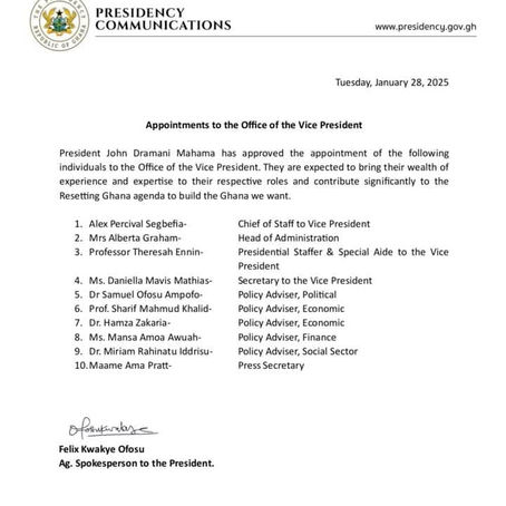 President John Dramani Mahama has approved new appointments to the Office of the Vice President