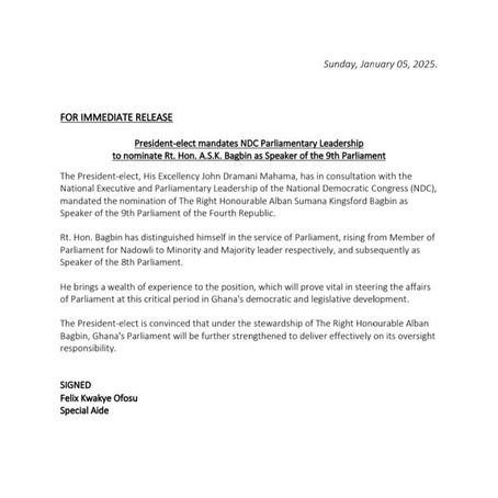 Rt.Hon. ASK Bagbin Set to Be Nominated as Speaker of the 9th Parliament