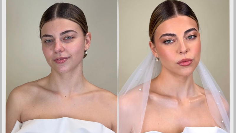 A before and after of a bride who has done her own wedding day makeup using the online bridal makeup course by Lauren Fry