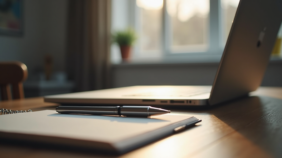Eye-level view of a laptop with a notepad and pen on a wooden table