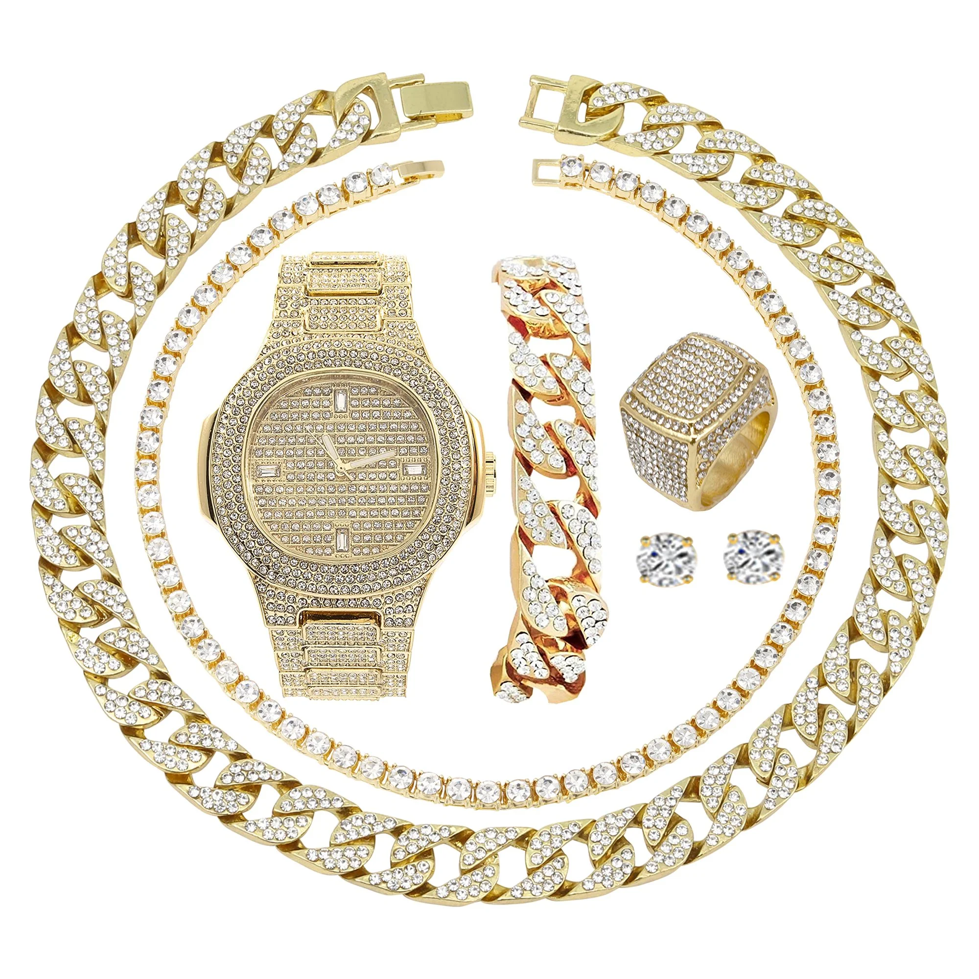 Gold Plated Bling-Ed Out Oblong Case Metal Mens Watch W/Matching Cuban Chain Bra