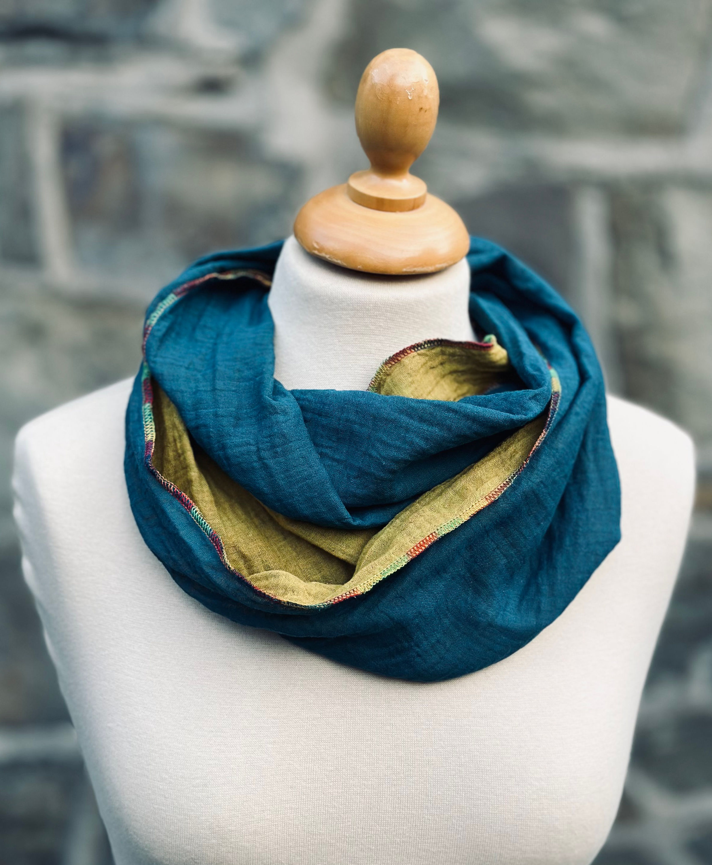 Doublefaced Musselin Loop Schal | petrol/ocker | mehrere Größen