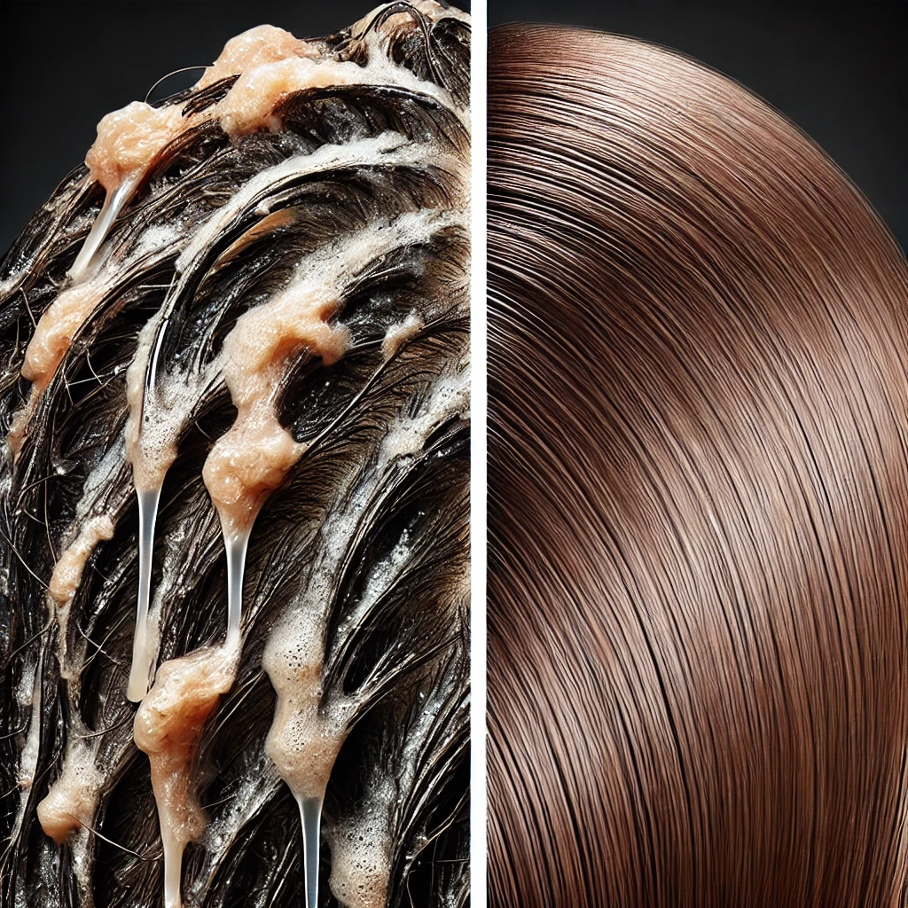 A side-by-side comparison of hair strands with heavy product buildup versus clean, lightweight hair. One side shows dull, sticky, and lifeless hair