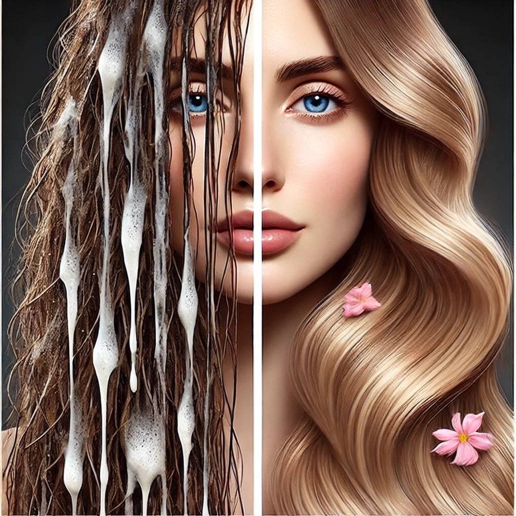 - A side-by-side comparison of hair strands with heavy product buildup versus clean, lightweight hair. One side shows dull, sticky, and lifeless hair, 