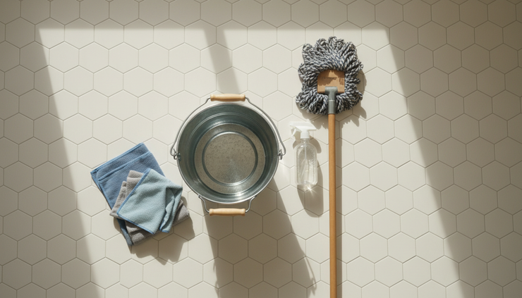 Overhead view of cleaning supplies beside a clear bathroom floor