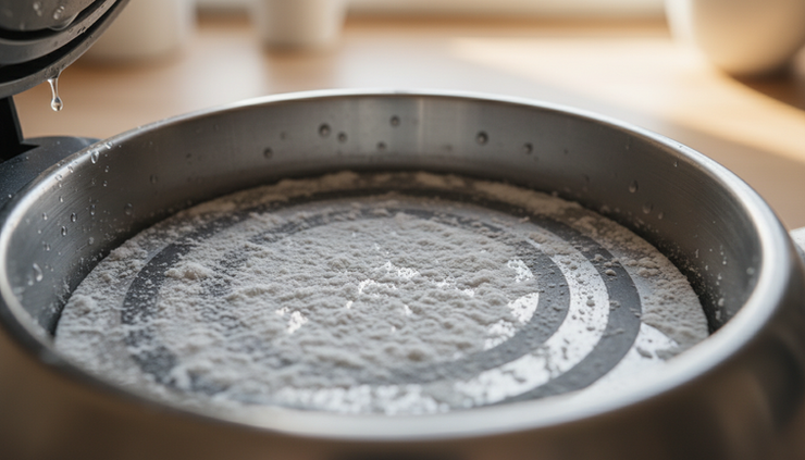 Eye-level view of an electric kettle with a chalky mineral layer inside