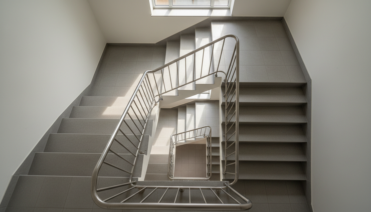 High-angle view of a clean apartment stairwell with handrails and natural light