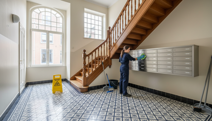 Wide-angle view of a clean Amsterdam apartment building entrance with tiled floors and a staircase.