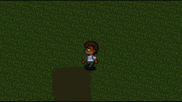 A GIF of a pixel game character walking down a dirt path surrounded by grass to a gate they open and walk beyond.