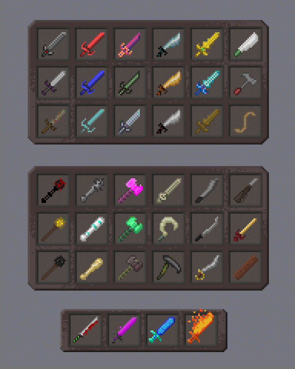 40 16-bit pixel art weapons in a showcase. The bottom four are animated