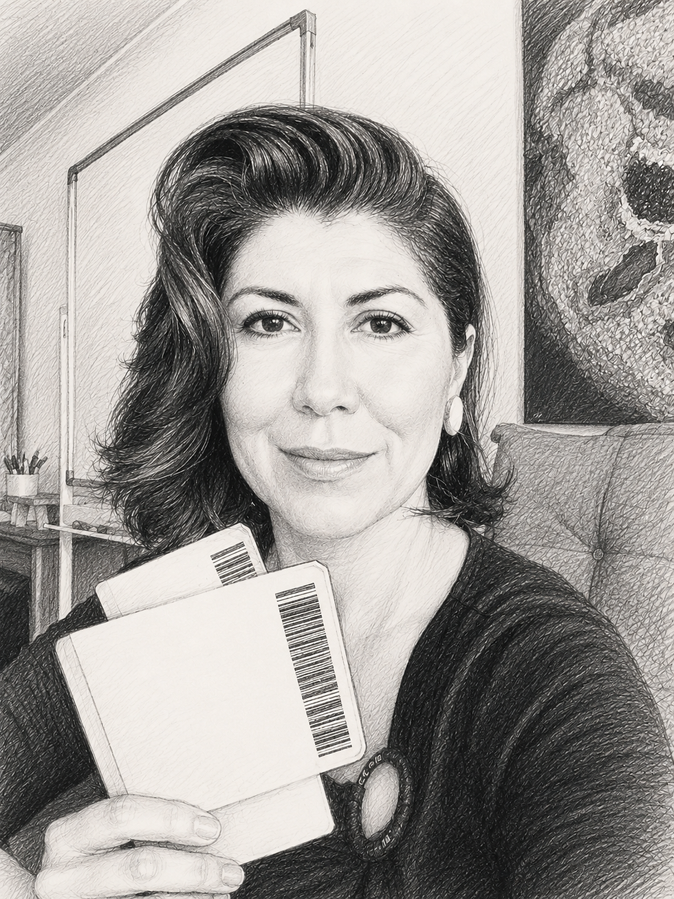 Pencil sketch of Wanice Alfes holding a boarding pass — a field note on the Law of Gravity for Trust.