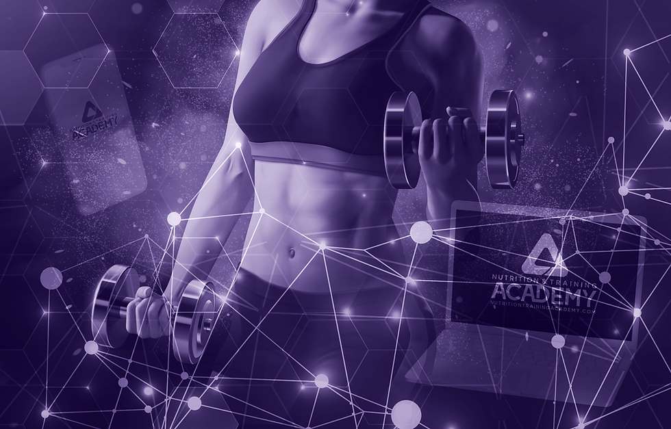 Image shows a person raising a dumbbell in their left hand. The person is facing towards the observer but image only shows torso. Image is overlayed with geometric shapes and has a purple hue.