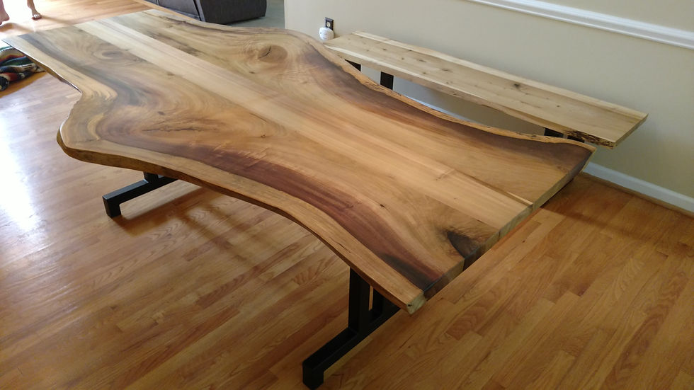 Rainbow Poplar table with black steel legs and matching bench