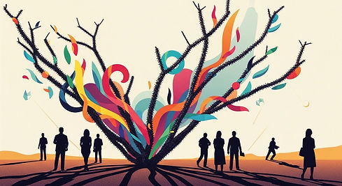 a tall ocotillo swirling with different colors and surrounded by silhouettes of diverse professional leaders to represent workforce development and leadership training