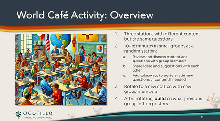 screenshot of ppt slide detailing "world cafe" interactive activity about leadership and communication styles