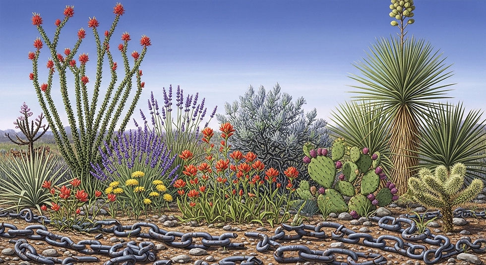 diverse new mexican plants growing to overwhelm and break chains that bind them