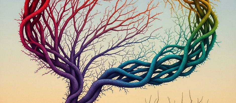 A multicolored speech bubble formed from ocotillo branches