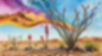 an ocotillo growing in size against an abstract rainbow sky and desert landscape