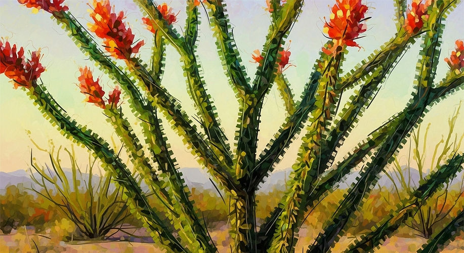 an impressionist style image of a healthy and verdant ocotillo plant with red blooms against a subtle desert landscape with warm sunset light